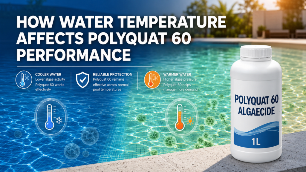 How water temperature affects Polyquat 60 performance, comparing lower algae activity in cooler pool water with higher algae pressure in warmer water.