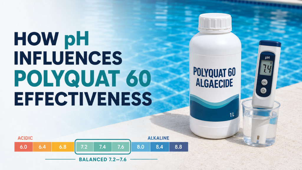 How pH influences Polyquat 60 effectiveness, shown with a Polyquat 60 Algaecide bottle, pool-water pH meter reading 7.4, and a pH scale highlighting the balanced 7.2–7.6 range.