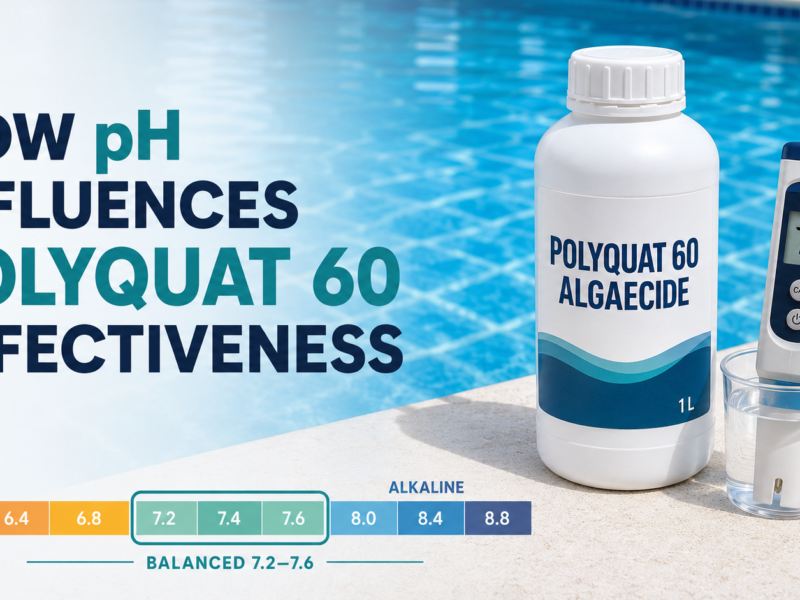 How pH influences Polyquat 60 effectiveness, shown with a Polyquat 60 Algaecide bottle, pool-water pH meter reading 7.4, and a pH scale highlighting the balanced 7.2–7.6 range.