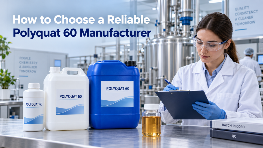 Quality-control specialist inspecting Polyquat 60 batch records beside 1 L, 5 L, and 25 L packaging in a modern chemical manufacturing facility.