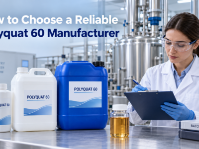 Quality-control specialist inspecting Polyquat 60 batch records beside 1 L, 5 L, and 25 L packaging in a modern chemical manufacturing facility.