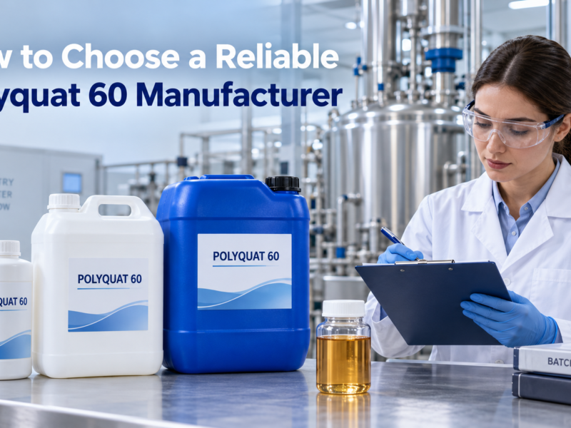 Quality-control specialist inspecting Polyquat 60 batch records beside 1 L, 5 L, and 25 L packaging in a modern chemical manufacturing facility.