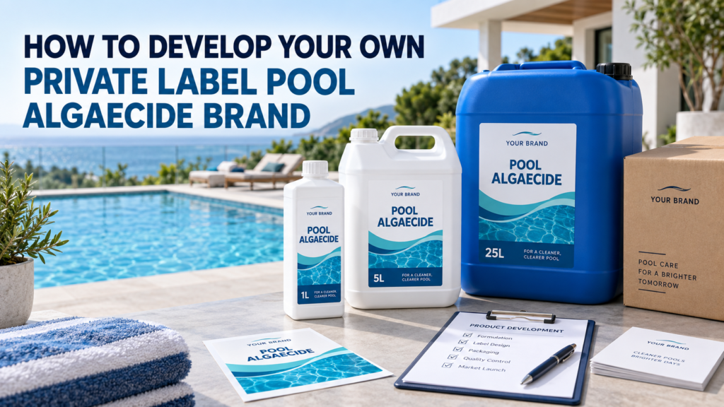 Private label pool algaecide brand development with 1L and 5L white containers, a 25L blue jerry can, custom labels, and a clear swimming pool background.
