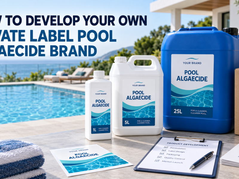 Private label pool algaecide brand development with 1L and 5L white containers, a 25L blue jerry can, custom labels, and a clear swimming pool background.