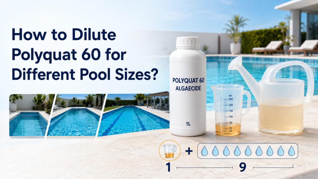 Polyquat 60 Algaecide bottle with a measuring cup and watering can illustrating a 1-to-9 dilution ratio for different swimming pool sizes.