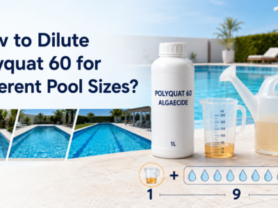 Polyquat 60 Algaecide bottle with a measuring cup and watering can illustrating a 1-to-9 dilution ratio for different swimming pool sizes.