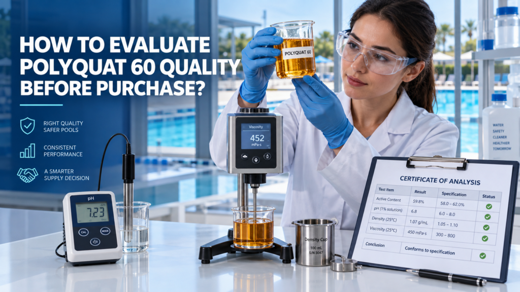 Laboratory technician evaluating an amber Polyquat 60 sample by checking active content, pH, density, viscosity, and Certificate of Analysis before purchase.