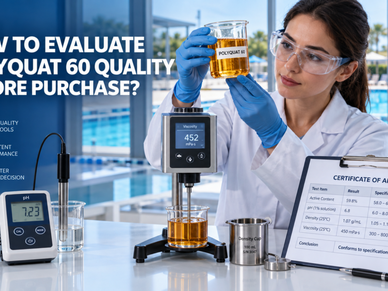 Laboratory technician evaluating an amber Polyquat 60 sample by checking active content, pH, density, viscosity, and Certificate of Analysis before purchase.