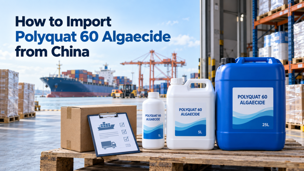 1 L, 5 L, and 25 L Polyquat 60 algaecide packages prepared for import from China, with export documents, warehouse pallets, containers, and a cargo ship at the port.