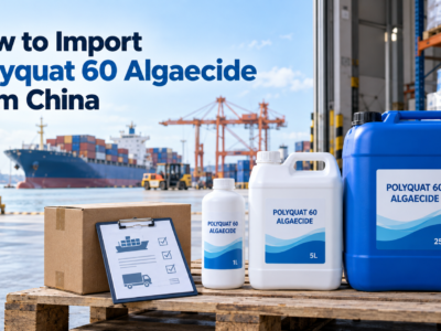 1 L, 5 L, and 25 L Polyquat 60 algaecide packages prepared for import from China, with export documents, warehouse pallets, containers, and a cargo ship at the port.
