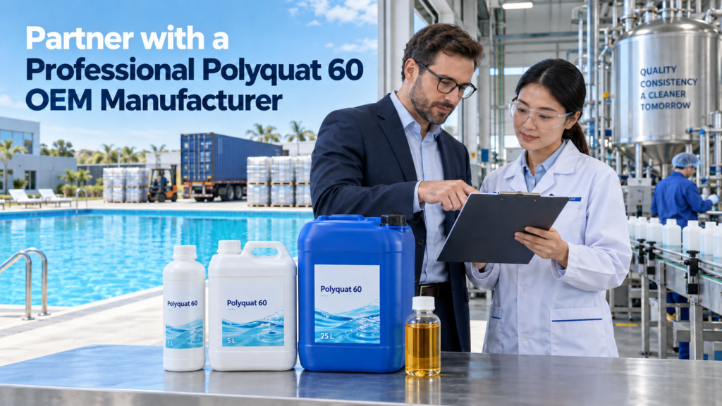 Professional Polyquat 60 OEM manufacturer and international buyer reviewing quality specifications beside 1L, 5L, and 25L private-label algaecide packaging.