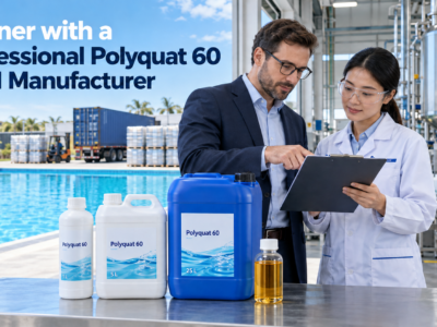 Professional Polyquat 60 OEM manufacturer and international buyer reviewing quality specifications beside 1L, 5L, and 25L private-label algaecide packaging.
