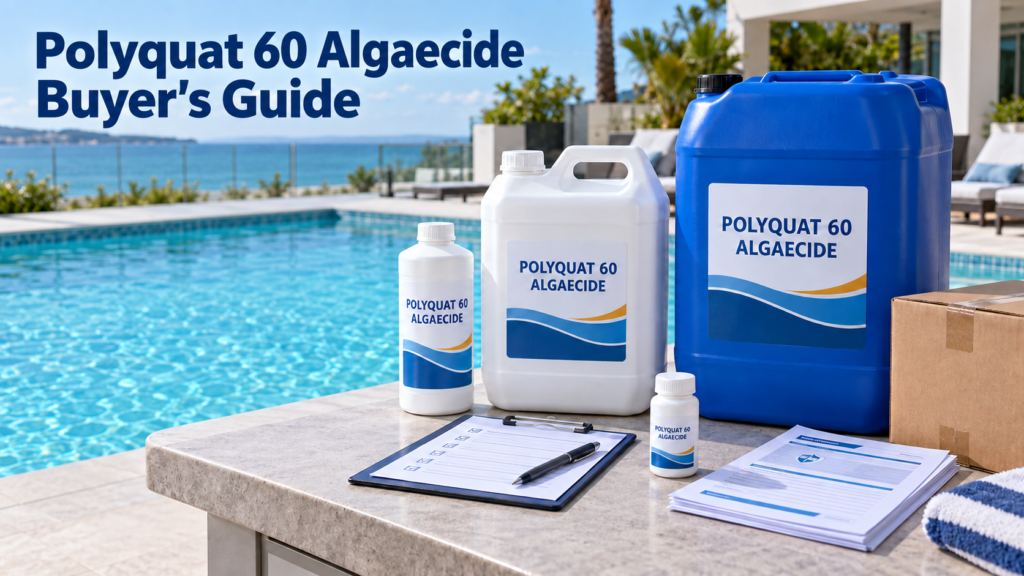Polyquat 60 Algaecide Buyer’s Guide featuring labeled 1L, 5L, and 25L chemical packaging, quality-control documents, and a clear swimming pool.