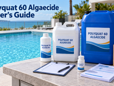 Polyquat 60 Algaecide Buyer’s Guide featuring labeled 1L, 5L, and 25L chemical packaging, quality-control documents, and a clear swimming pool.