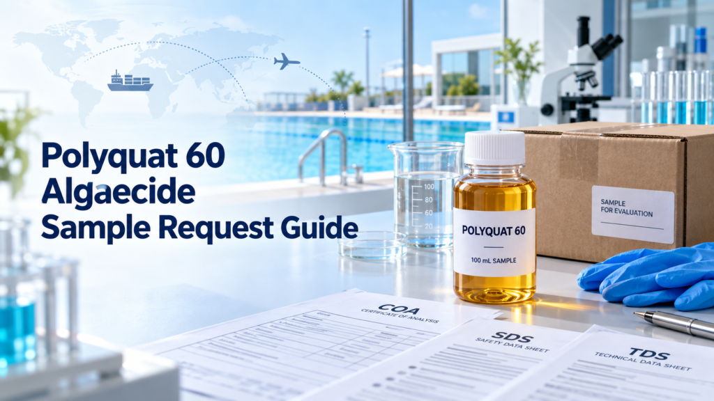 Polyquat 60 algaecide 100 ml sample bottle with COA, SDS and TDS documents beside a shipping box and swimming pool.