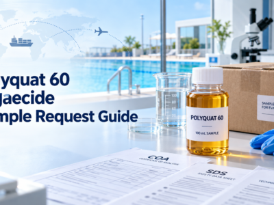 Polyquat 60 algaecide 100 ml sample bottle with COA, SDS and TDS documents beside a shipping box and swimming pool.