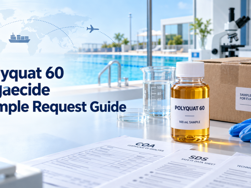 Polyquat 60 algaecide 100 ml sample bottle with COA, SDS and TDS documents beside a shipping box and swimming pool.