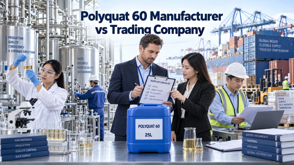 Polyquat 60 manufacturer and trading company comparison featuring a chemical production plant, quality-control laboratory, 25L blue jerry can, supplier checklist, export documents, and container port.