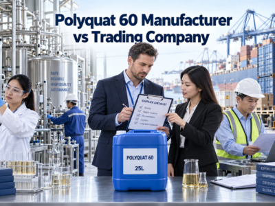 Polyquat 60 manufacturer and trading company comparison featuring a chemical production plant, quality-control laboratory, 25L blue jerry can, supplier checklist, export documents, and container port.