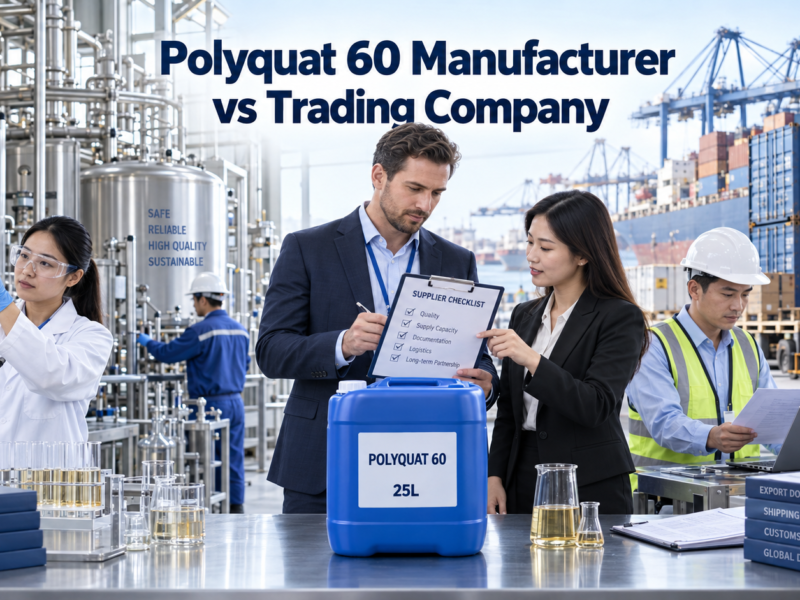 Polyquat 60 manufacturer and trading company comparison featuring a chemical production plant, quality-control laboratory, 25L blue jerry can, supplier checklist, export documents, and container port.