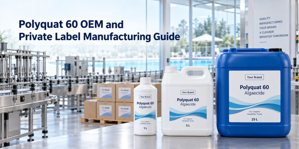 Polyquat 60 OEM and private label manufacturing line featuring customized 1 L bottle, 5 L jerry can, and 25 L blue jerry can.