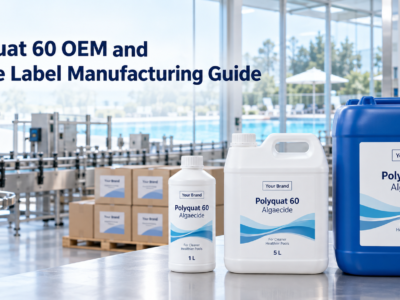 Polyquat 60 OEM and private label manufacturing line featuring customized 1 L bottle, 5 L jerry can, and 25 L blue jerry can.