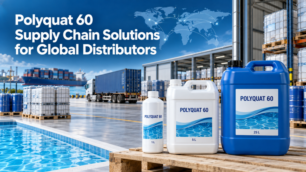 Polyquat 60 supply chain solutions for global distributors featuring 1L, 5L, and 25L packaging, warehouse inventory, container shipping, and international logistics.