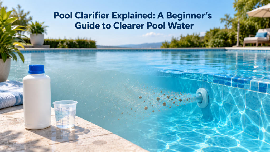 Pool clarifier beginner’s guide showing a white clarifier bottle beside a swimming pool as fine suspended particles gather and cloudy water becomes clear.