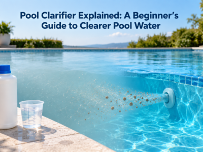 Pool clarifier beginner’s guide showing a white clarifier bottle beside a swimming pool as fine suspended particles gather and cloudy water becomes clear.