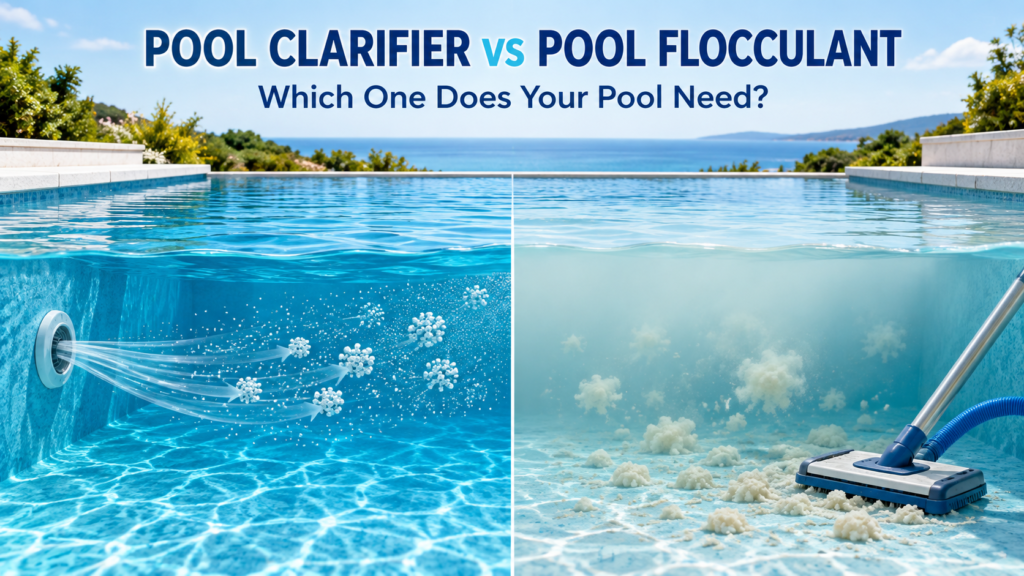 Pool clarifier sends small particle clusters to the filter, while pool flocculant settles larger clumps for vacuuming to waste.