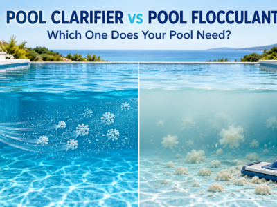 Pool clarifier sends small particle clusters to the filter, while pool flocculant settles larger clumps for vacuuming to waste.
