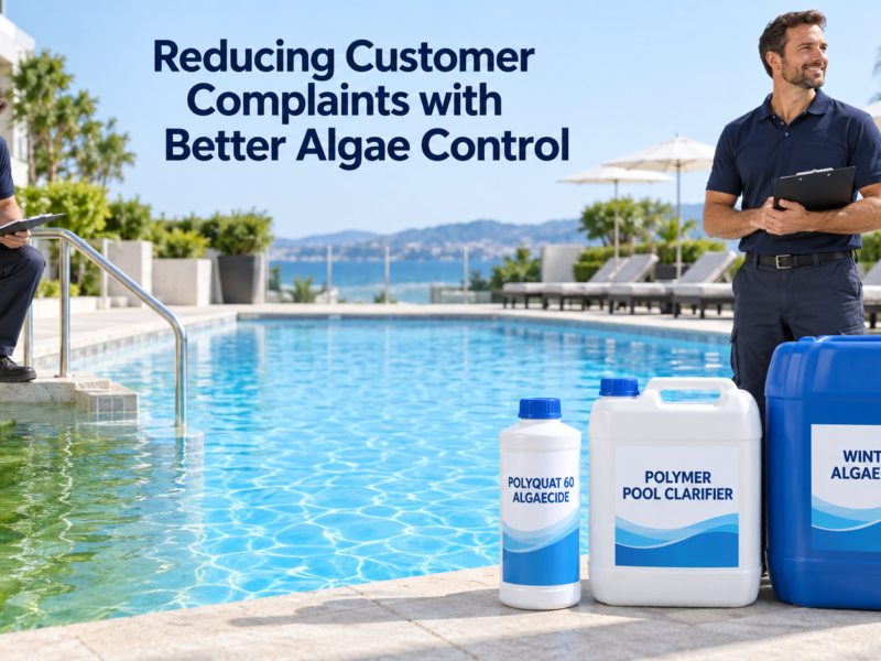 Pool professional comparing algae-affected steps with clear blue water after treatment using Polyquat 60 Algaecide, Polymer Pool Clarifier, and Winter Algaecide.
