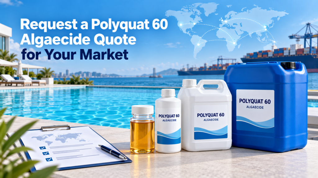Polyquat 60 algaecide quote for global markets, featuring amber concentrate, 1L, 5L and 25L chemical packaging beside a swimming pool with international shipping imagery.