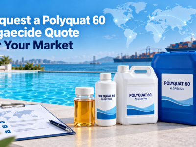 Polyquat 60 algaecide quote for global markets, featuring amber concentrate, 1L, 5L and 25L chemical packaging beside a swimming pool with international shipping imagery.