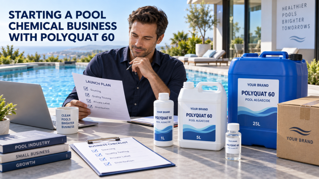 Entrepreneur preparing a pool chemical business launch beside a clear swimming pool, with private-label 1L, 5L, and 25L Polyquat 60 algaecide packaging.