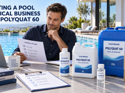 Entrepreneur preparing a pool chemical business launch beside a clear swimming pool, with private-label 1L, 5L, and 25L Polyquat 60 algaecide packaging.