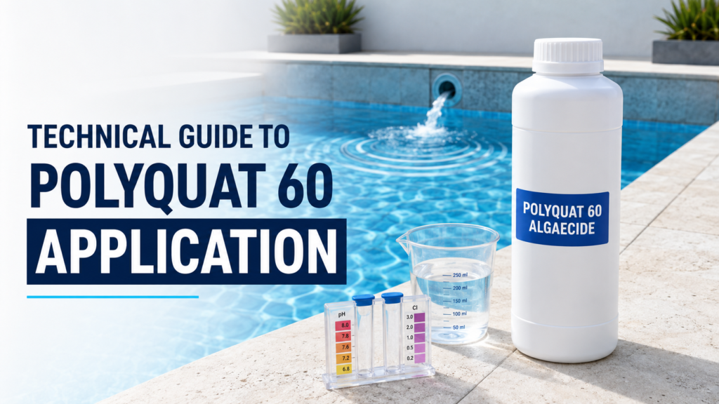 Technical guide to Polyquat 60 application showing a white Polyquat 60 Algaecide bottle, measuring cup, pool water test kit, and clear swimming pool.