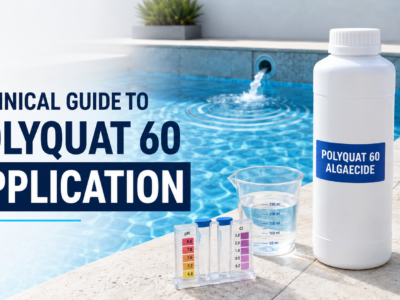 Technical guide to Polyquat 60 application showing a white Polyquat 60 Algaecide bottle, measuring cup, pool water test kit, and clear swimming pool.