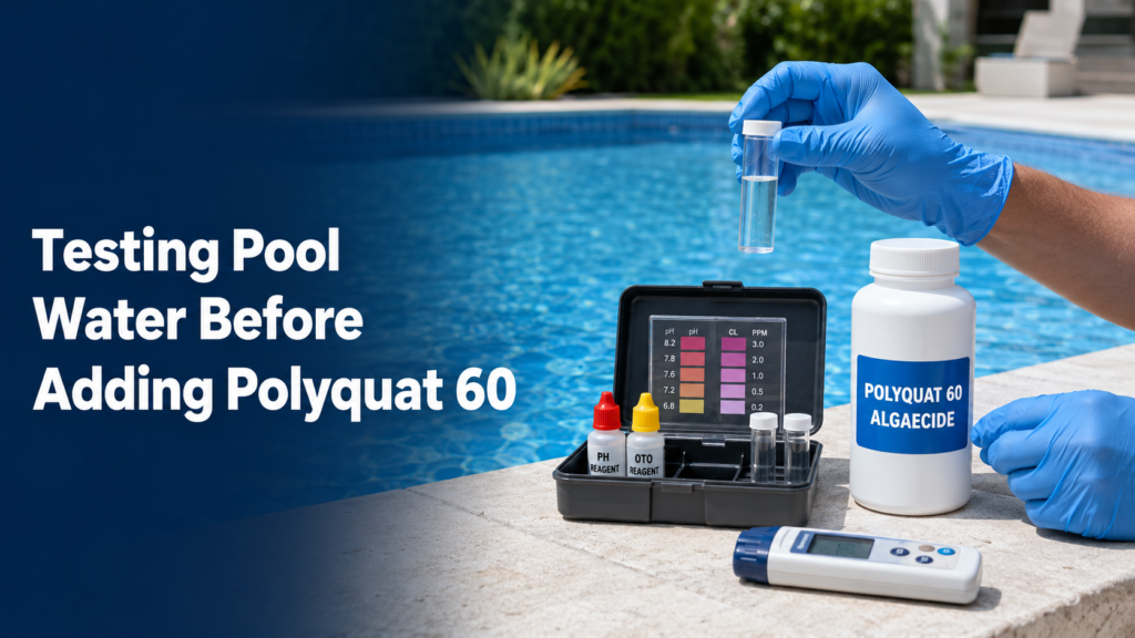 Pool technician testing clear swimming pool water with a water sample, chemical test kit, digital meter, and a white bottle labeled Polyquat 60 Algaecide before treatment.