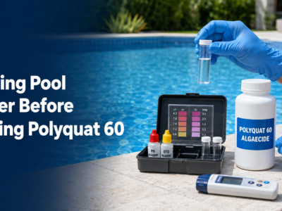 Pool technician testing clear swimming pool water with a water sample, chemical test kit, digital meter, and a white bottle labeled Polyquat 60 Algaecide before treatment.
