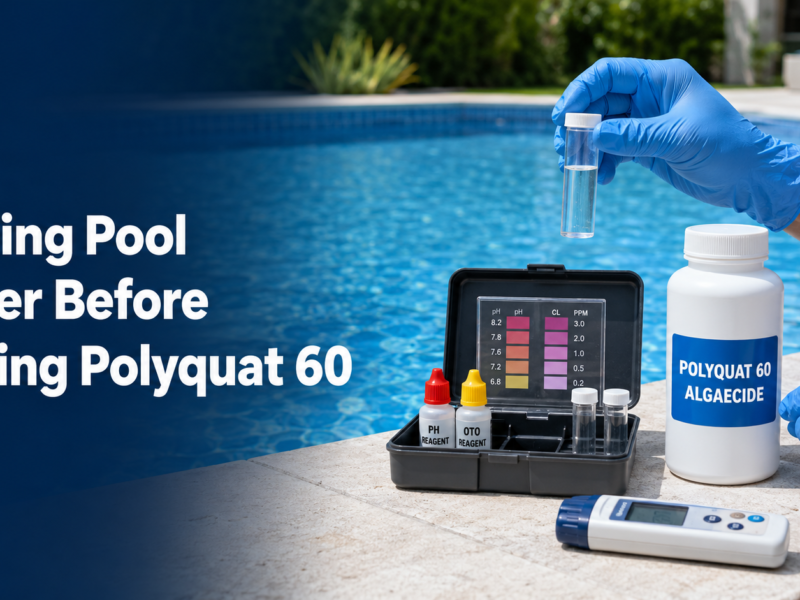 Pool technician testing clear swimming pool water with a water sample, chemical test kit, digital meter, and a white bottle labeled Polyquat 60 Algaecide before treatment.