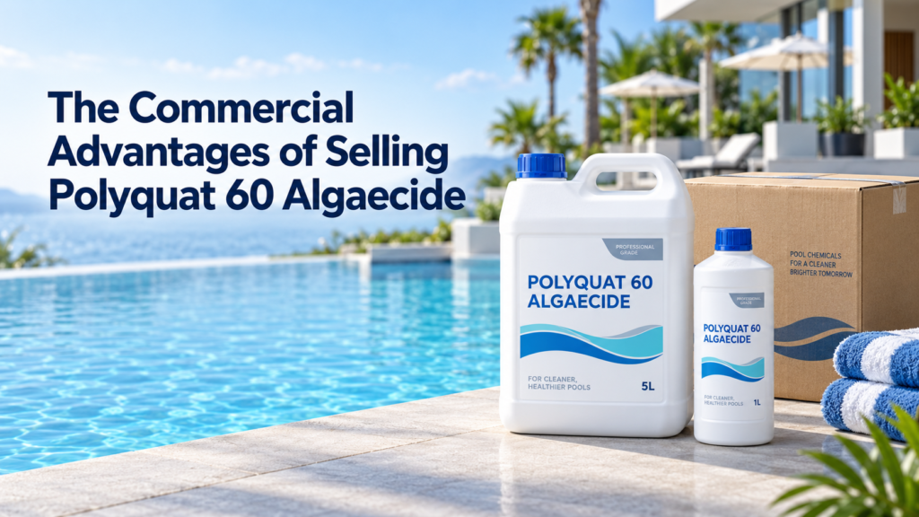 Polyquat 60 Algaecide in white 1L and 5L containers with wholesale packaging beside a clear, non-foaming resort swimming pool.