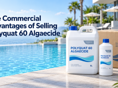 Polyquat 60 Algaecide in white 1L and 5L containers with wholesale packaging beside a clear, non-foaming resort swimming pool.