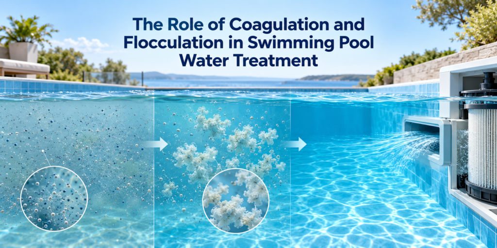 Coagulation and flocculation in swimming pool water treatment, showing fine suspended particles forming larger flocs before filtration restores clear blue water.