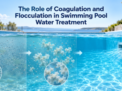 Coagulation and flocculation in swimming pool water treatment, showing fine suspended particles forming larger flocs before filtration restores clear blue water.
