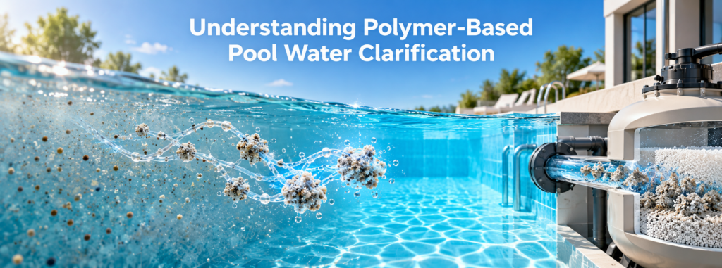 Polymer chains bind fine suspended particles into larger clusters as cloudy pool water passes through a filtration system and becomes crystal clear.