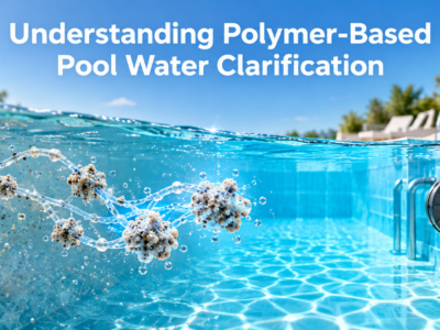Polymer chains bind fine suspended particles into larger clusters as cloudy pool water passes through a filtration system and becomes crystal clear.