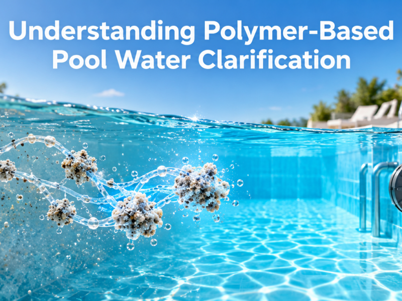Polymer chains bind fine suspended particles into larger clusters as cloudy pool water passes through a filtration system and becomes crystal clear.