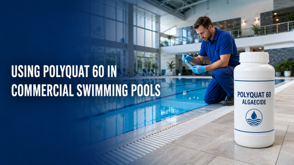 Commercial pool operator testing clear blue swimming pool water beside a bottle of Polyquat 60 algaecide.