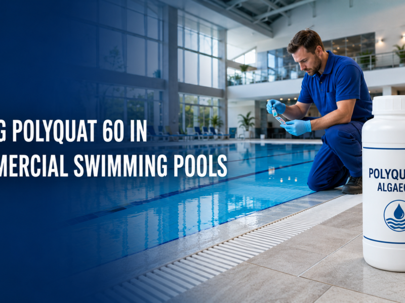 Commercial pool operator testing clear blue swimming pool water beside a bottle of Polyquat 60 algaecide.